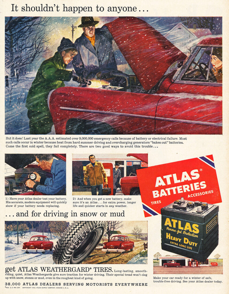 Illustrated color advertisement depicting a man and a boy opening the hood of a car as snow falls around them. Scenes of tires, battery testing, and a car battery make up the bottom half of the page. The title of the ad reads: “It shouldn’t happen to anyone.”