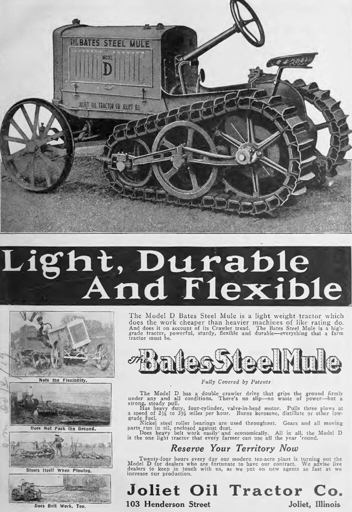 Anuncio estilo revista de un tractor con huellas tipo tanque en la parte trasera y ruedas al frente. Un eslogan dice: “Liviano, durable y flexible”.