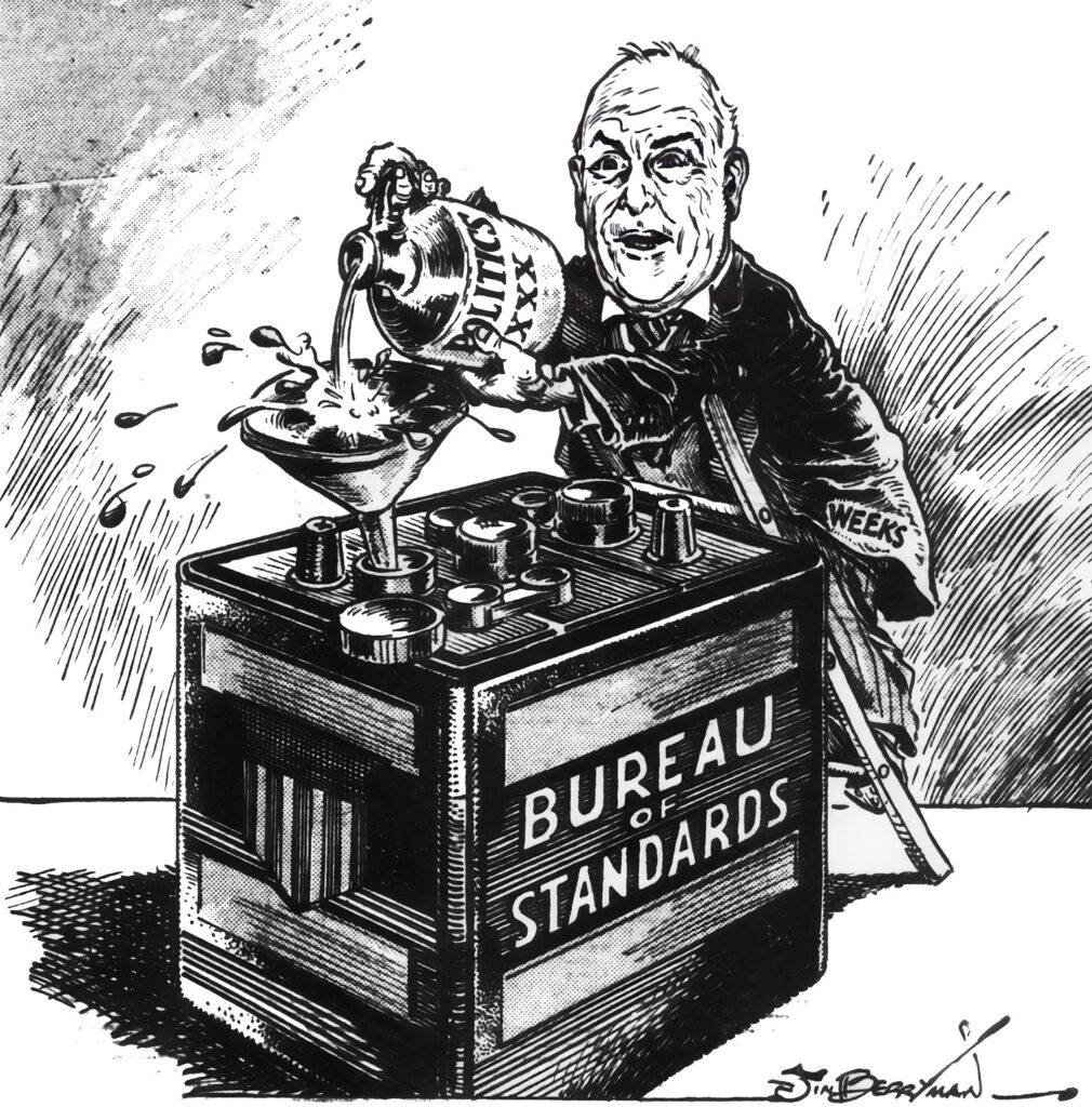 Cartoon illustration of a man on a stepladder pouring a bottle labeled “politics” into an oversized car battery labeled “National Bureau of Standards.” The title at the bottom of the cartoon reads: “New Battery Additive.”