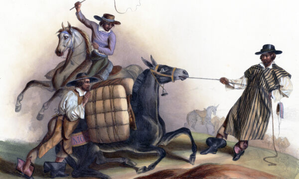 Illustration of three men whipping, pushing, and pulling a mule with a rope on a road,