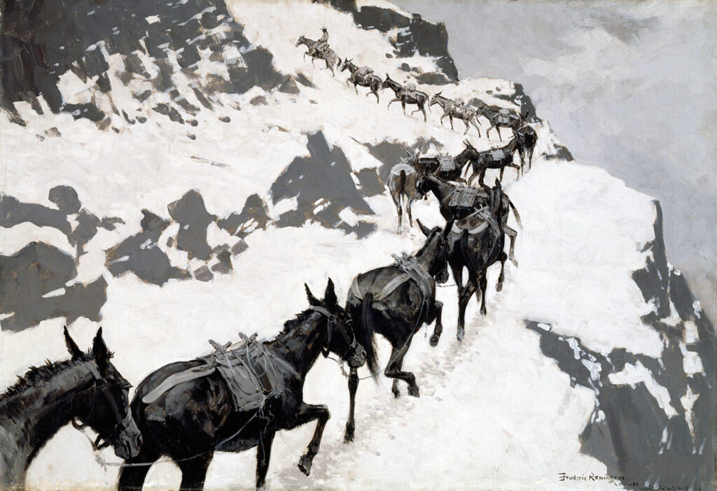 Óleo de una hilera de mulas de carga escalando una montaña nevada empinada.