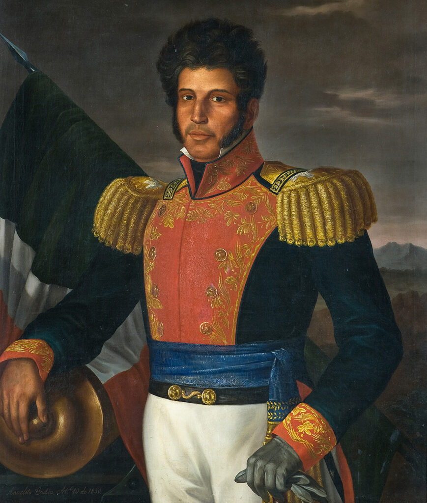A painting of a man in a military uniform with a Mexican flag and a dark sky in the background.