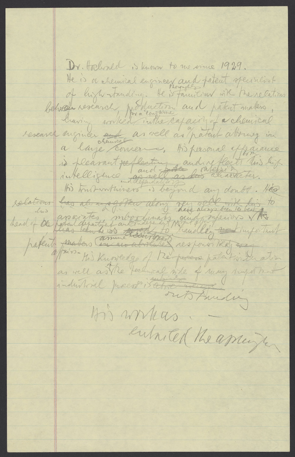 old handwritten letter on yellow lined paper
