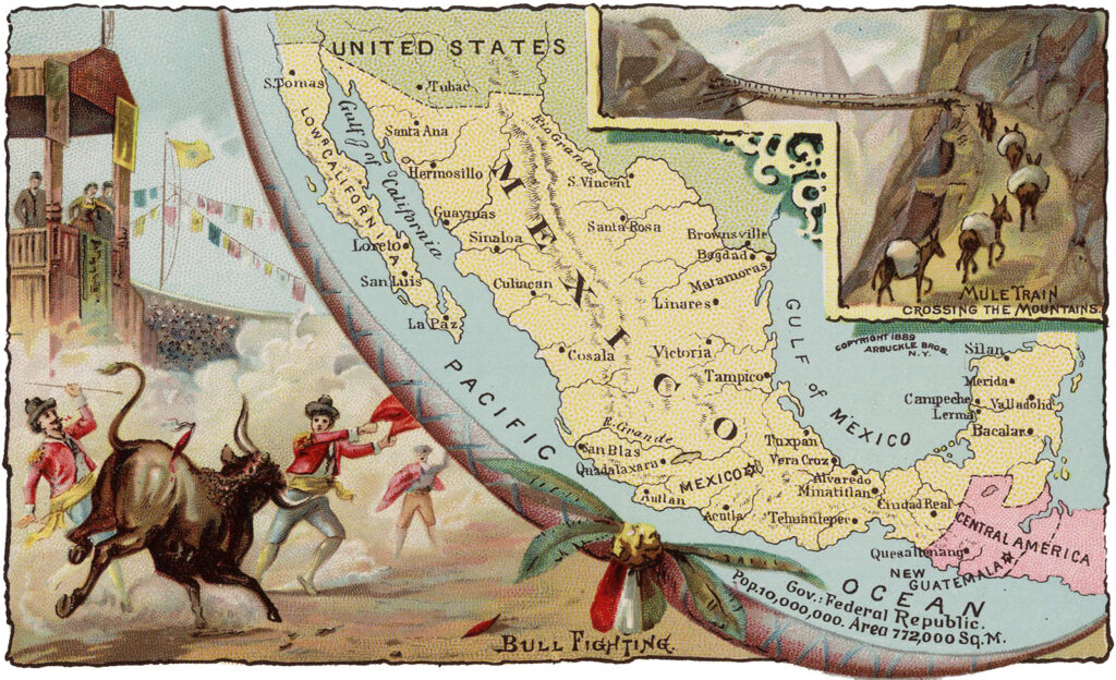 Impresión a color de un mapa de México, con una ilustración de una hilera de mulas viajando por las montañas en la esquina superior derecha.