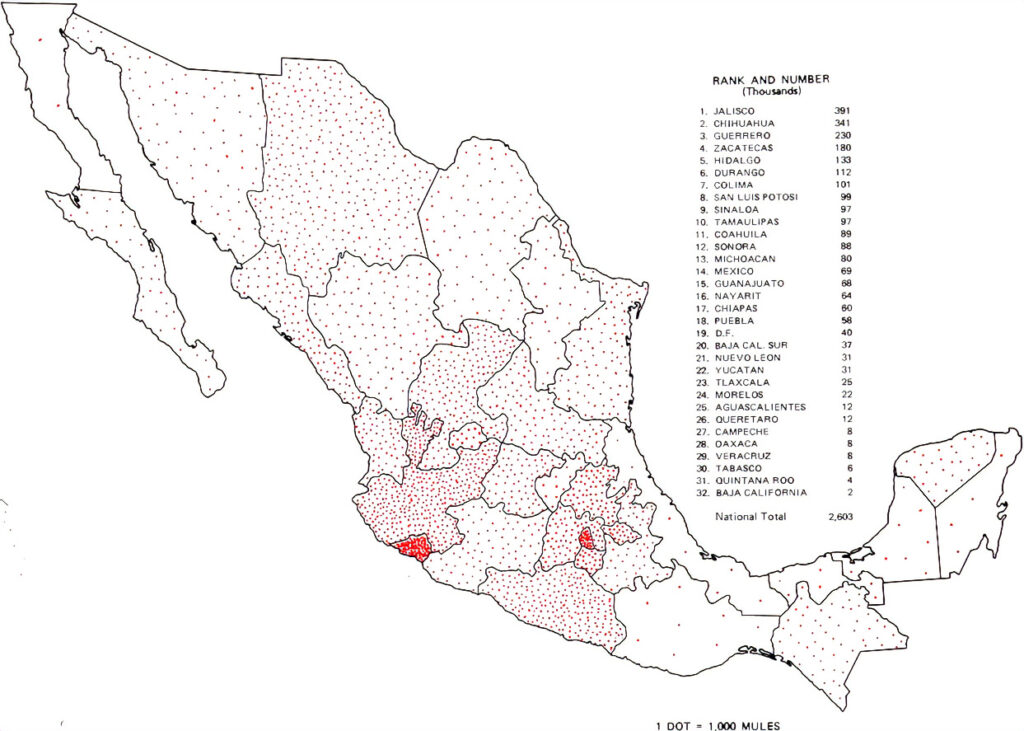 Mapa simple de México con los estados delineados y puntos rojos dentro de cada uno.