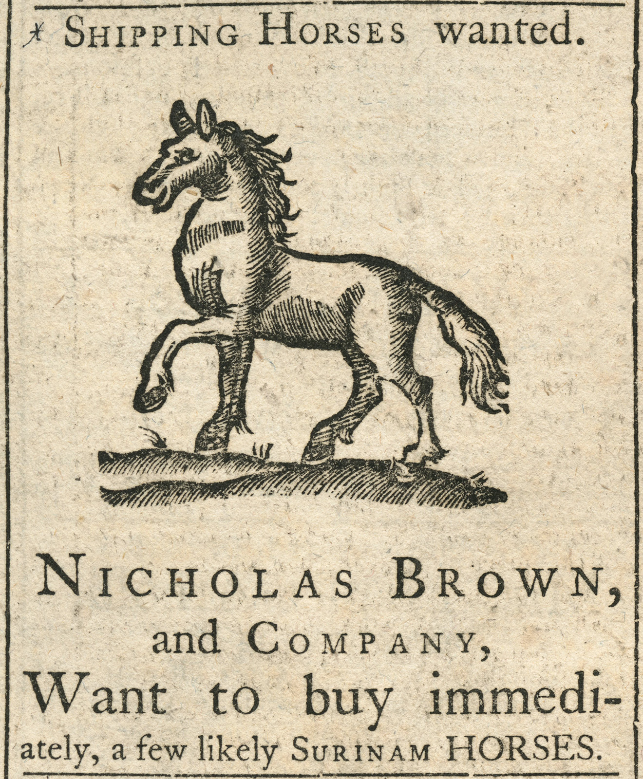 A newspaper advertisement that reads: “Shipping Horses wanted,” accompanied by an illustration of a horse.