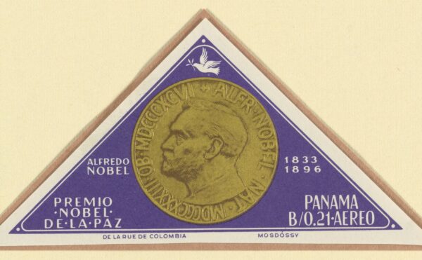 A stamp with a coin featuring Alfred Nobel's profile