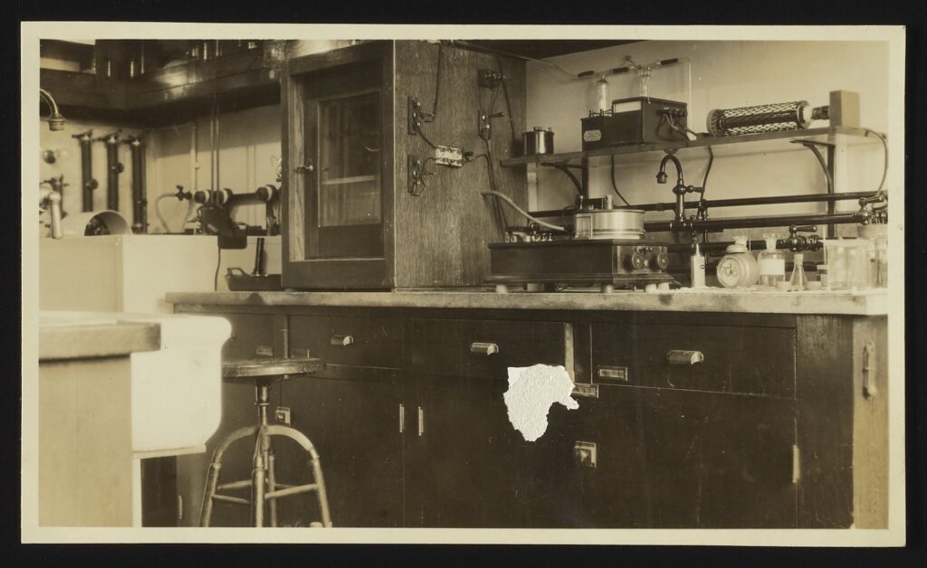 black and white photo of a science lab