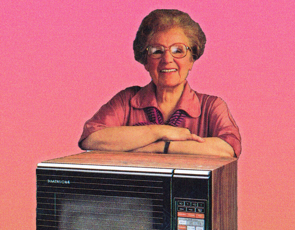 Photo of an older woman, posed on a microwave oven
