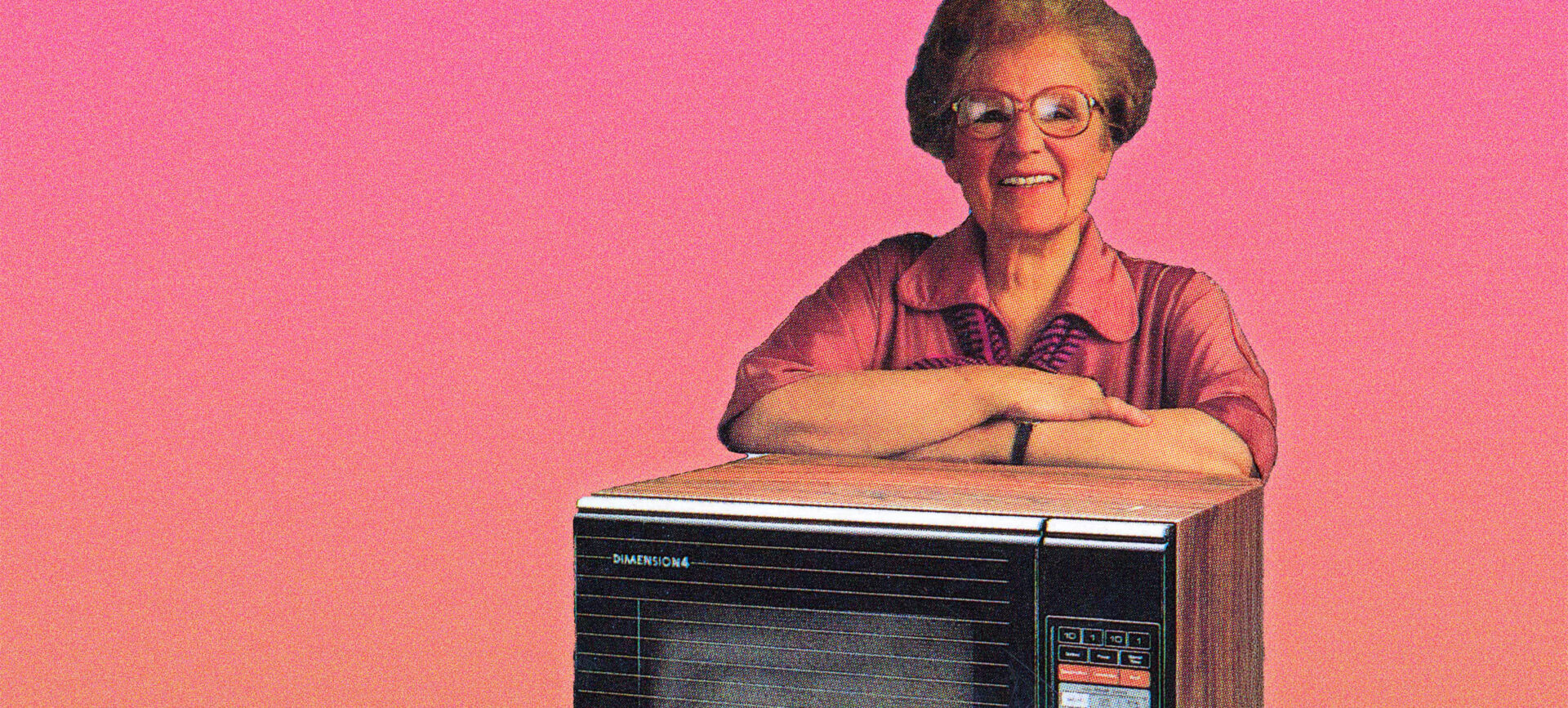 Photo of an older woman, posed on a microwave oven