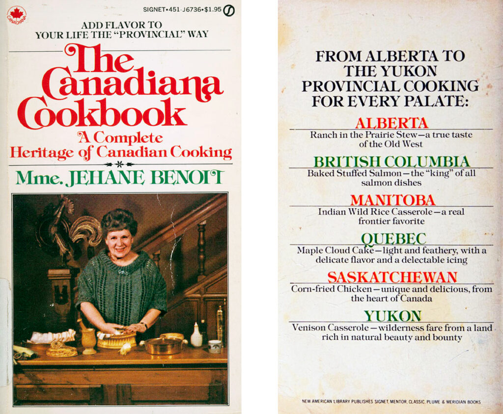 Front and back cover of a paperback. The cover features a photograph of a woman smiling at a table with food. The back cover lists each of the Canadian provinces with a characteristic recipe