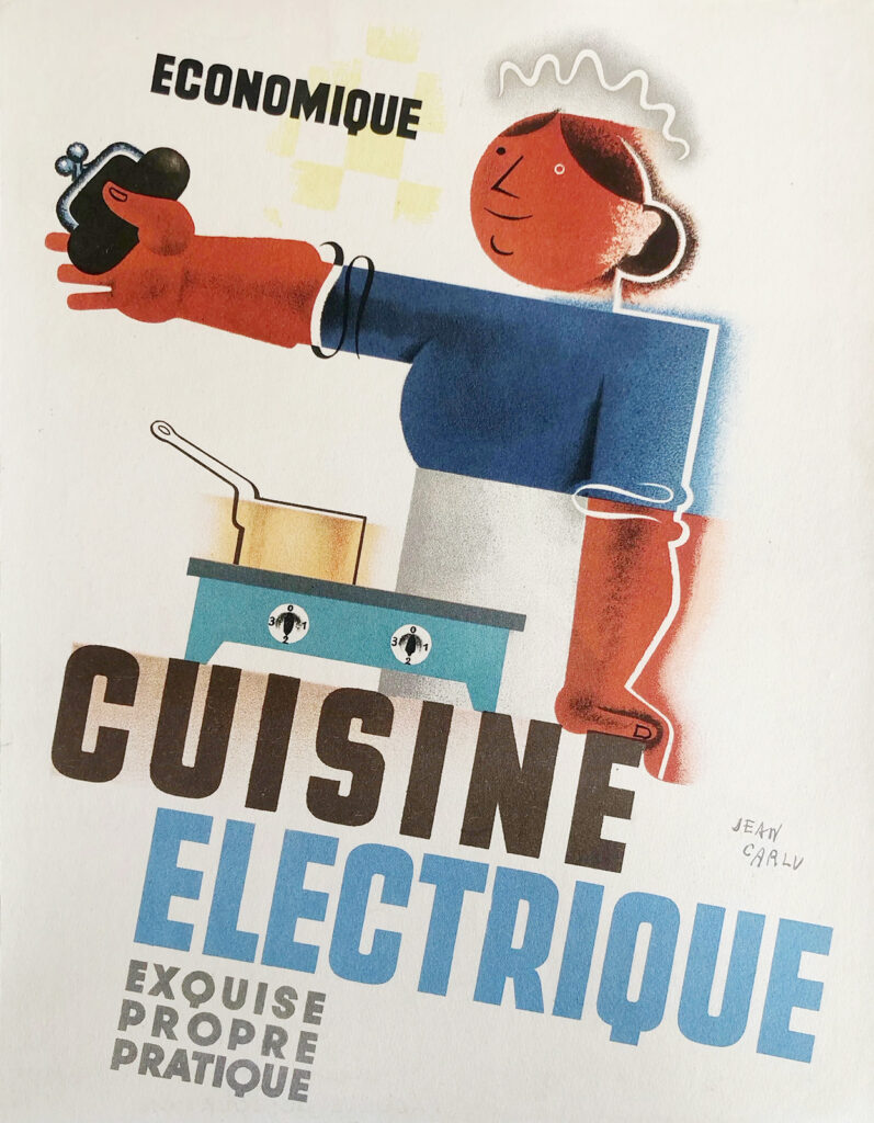 Illustrated poster that reads “Cuisine Electrique.” The top half of the image shows a woman holding a wallet next to an electric stove; the word “Economique” is displayed next to her head. At the bottom of the image, features the words “Exquise,” “Propre,” and “Pratique.”