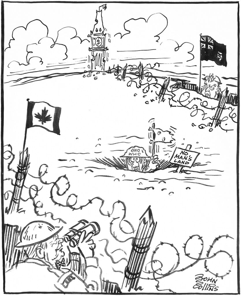 A black and white drawing depicting a battlefield, with generals and flags in opposing trenches