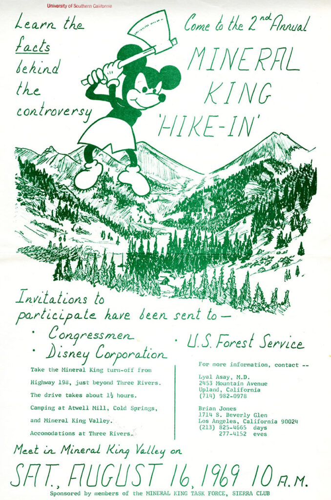 color scan of a flyer with a hand drawn image of Mickey Mouse swinging an axe in a mountain valley