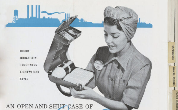 advertisement featuring a uniformed woman with a lunchbox