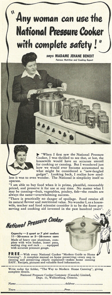 Magazine ad with a woman in a dark dress opening a pressure cooker on a kitchen countertop. A text bubble above the woman reads: “Any woman can use the National Pressure Cooker with complete safety!”