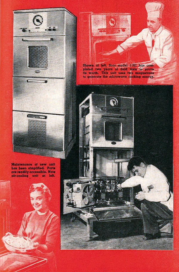 Magazine page featuring black and white photographs of men and women working with and fixing a large microwave on a red background