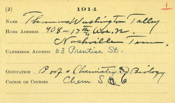 handwritten university registration card