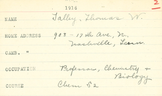 handwritten university registration card