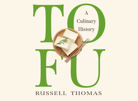 jacket design for Tofu: A Culinary History, with a plate showing 3 blocks of tofu and a pair of chopsticks