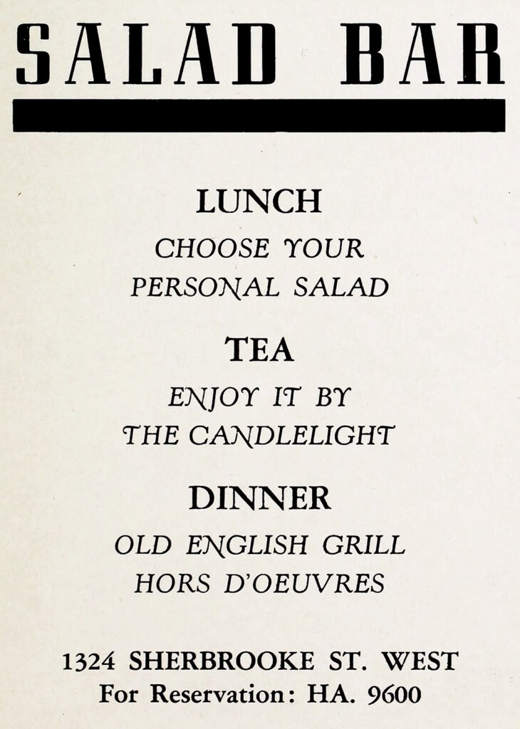 Small text ad for the “Salad Bar” with food and drink options are listed for “Lunch,” “Tea,” and “Dinner” along with an address