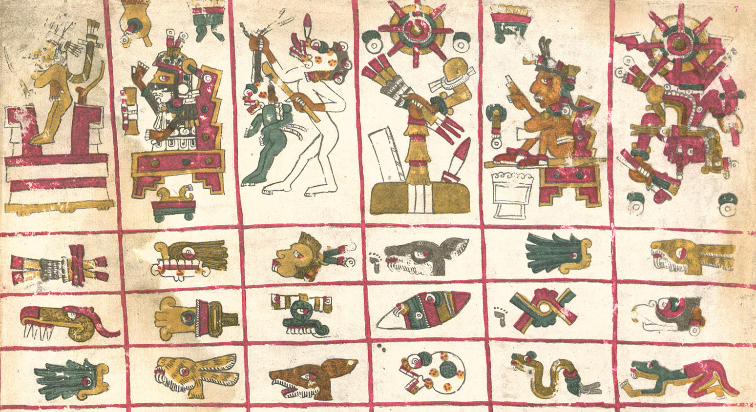 Mesoamerican illustrations of animal, people, and gods in a grid