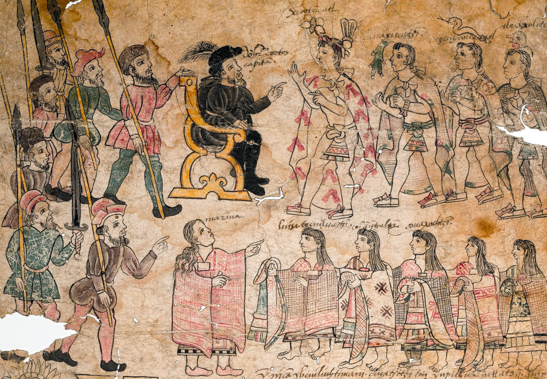 Illustration showing a seated Westerner being greeted by men in Indigenous dress