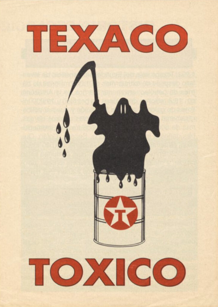 color scan of a leaflet depicting a grim reaper exiting an oil barrel. The text reads: “Texaco Toxico.”