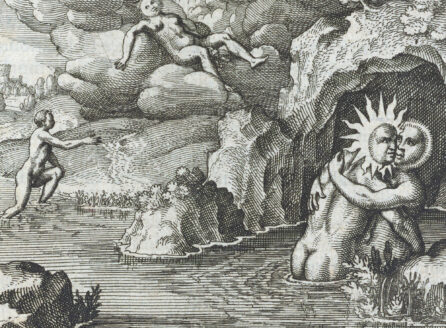 Emblema XXXIV from Atalanta Fugiens showing sun and moon bathing together