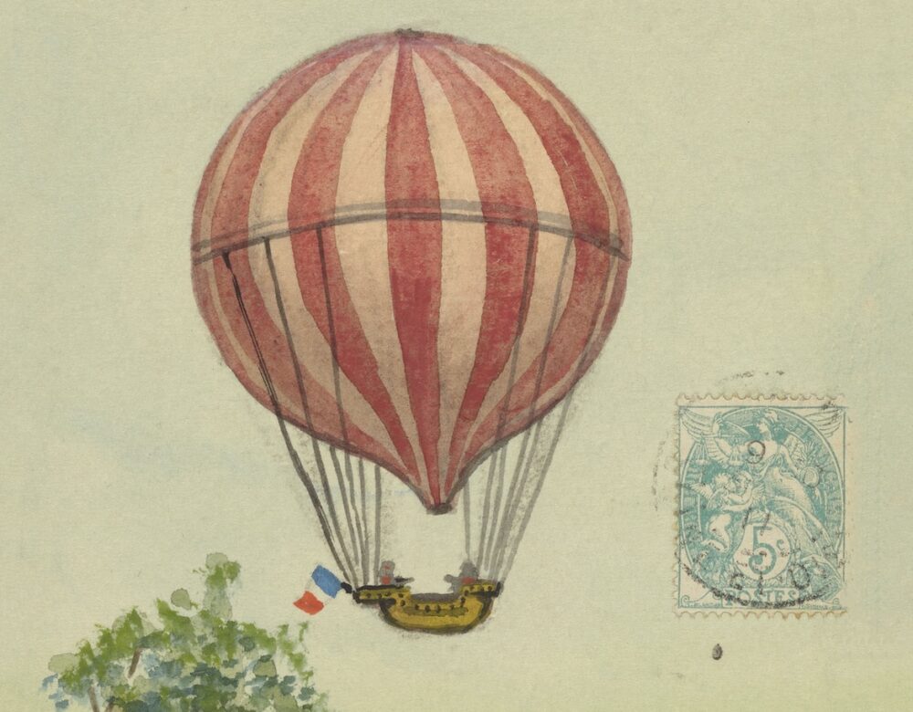 hand-drawn illustration of the first hydrogen gas balloon in 1783