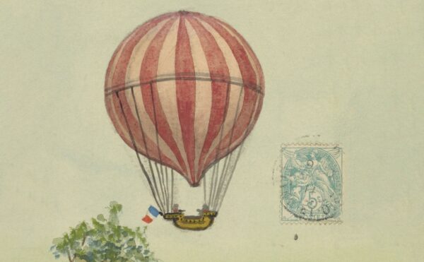 hand-drawn illustration of the first hydrogen gas balloon in 1783