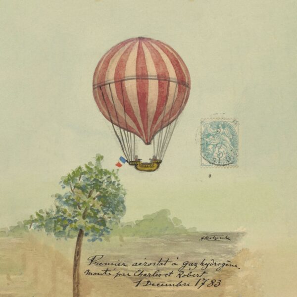 hand-drawn illustration of the first hydrogen gas balloon in 1783