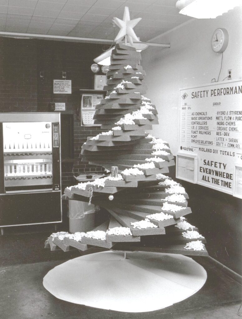 Styrofoam Christmas tree pictured in a Dow Chemical Company office, 1974.