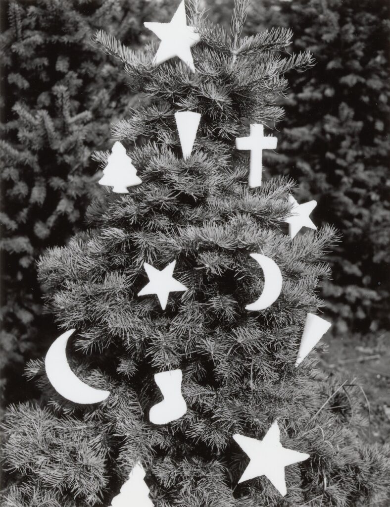 Christmas tree decorated with Styrofoam shapes, 1947