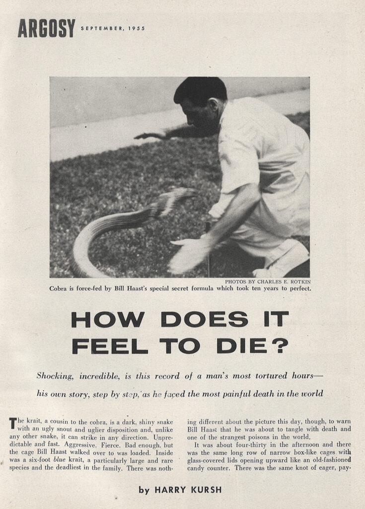 Magazine with a photo of a man dodging a snake. The title of the article reads: “How Does It Feel to Die?”