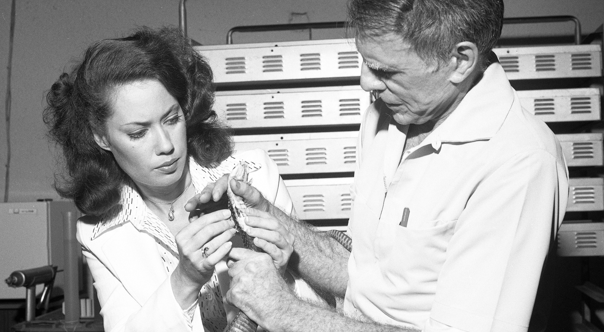 A man and woman grasping a snake’s head, with laboratory equipment in the background