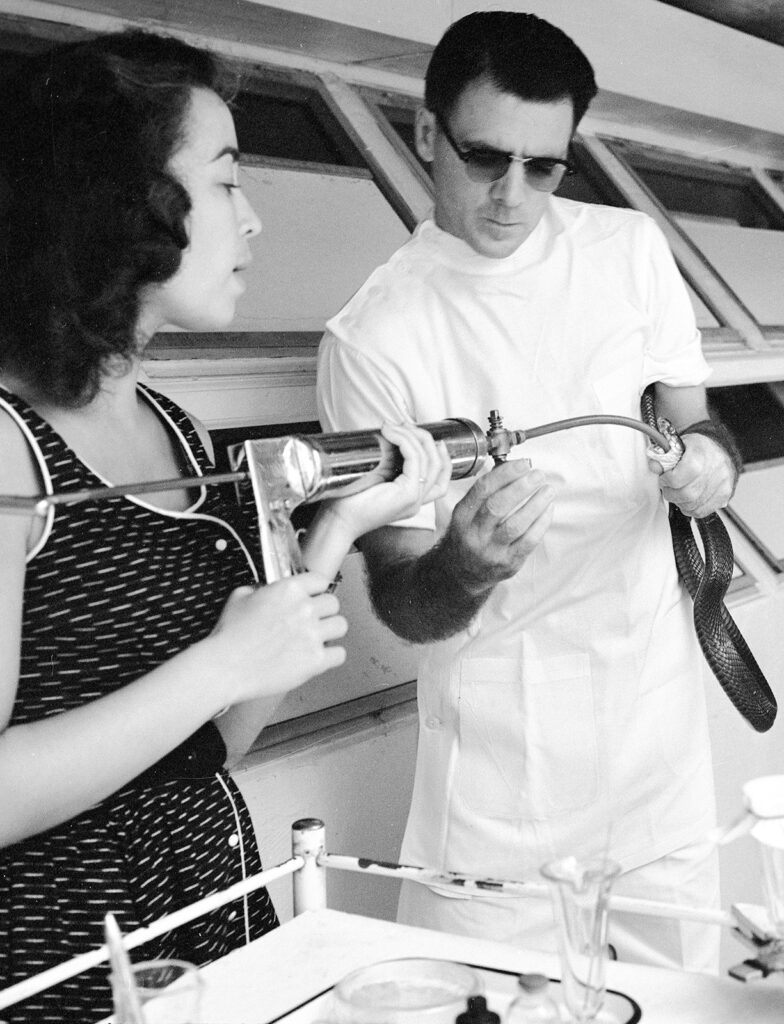 A woman holds a caulking gun attached to a tube that a man has fed into the throat of a snake he is holding