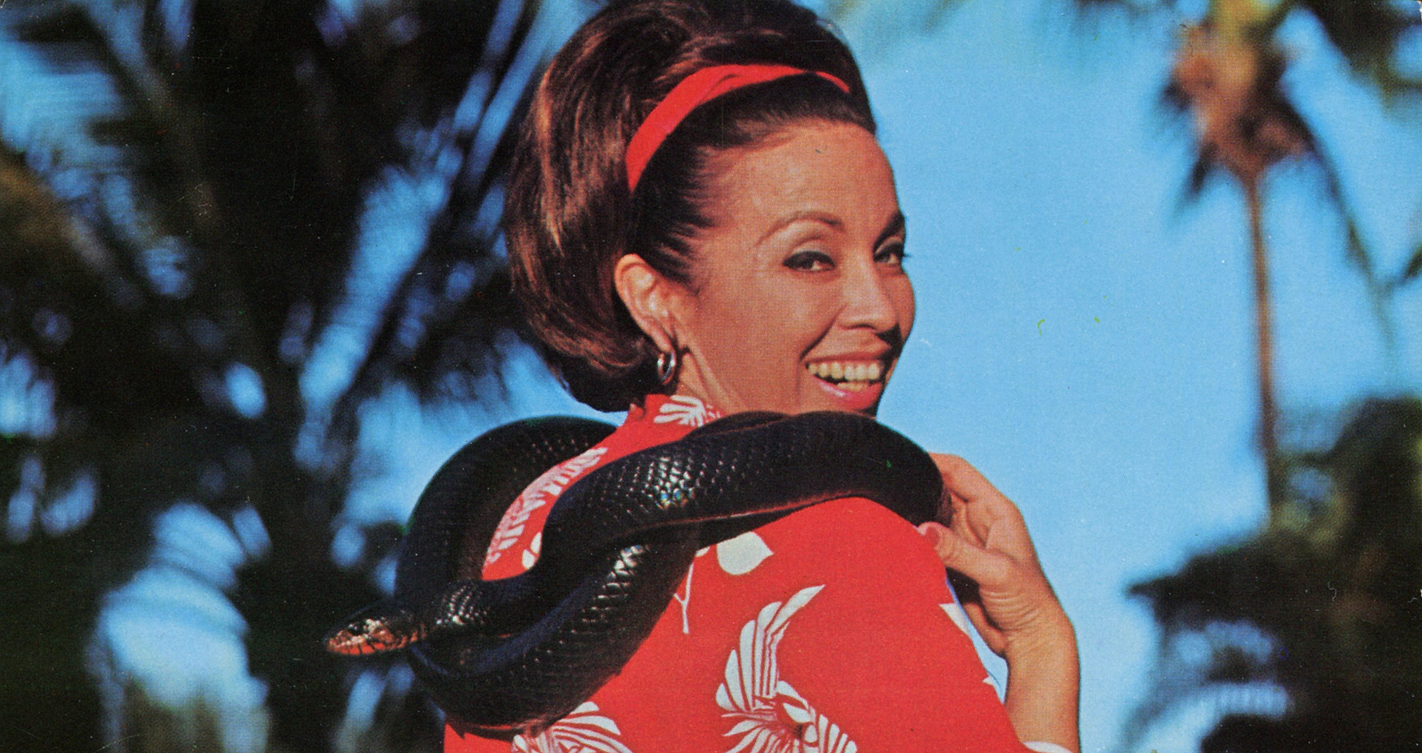 Smiling woman with a snake around her neck and palm trees in the background