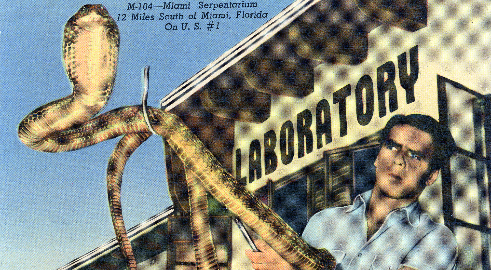 Man holding a snake with a hook. “Laboratory” is written on the side of a building in the background