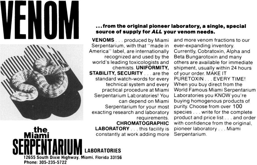 Magazine ad with a headline reading “Venom” and a stylized image of a snake