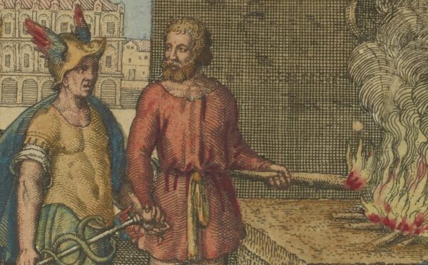 color illustration of 2 men in front of a fire