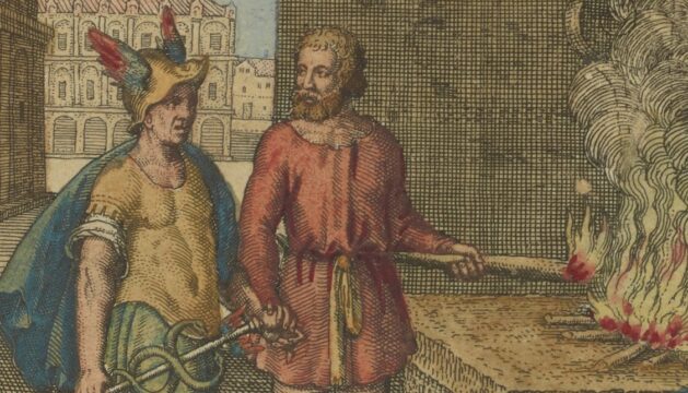 color illustration of 2 men in front of a fire