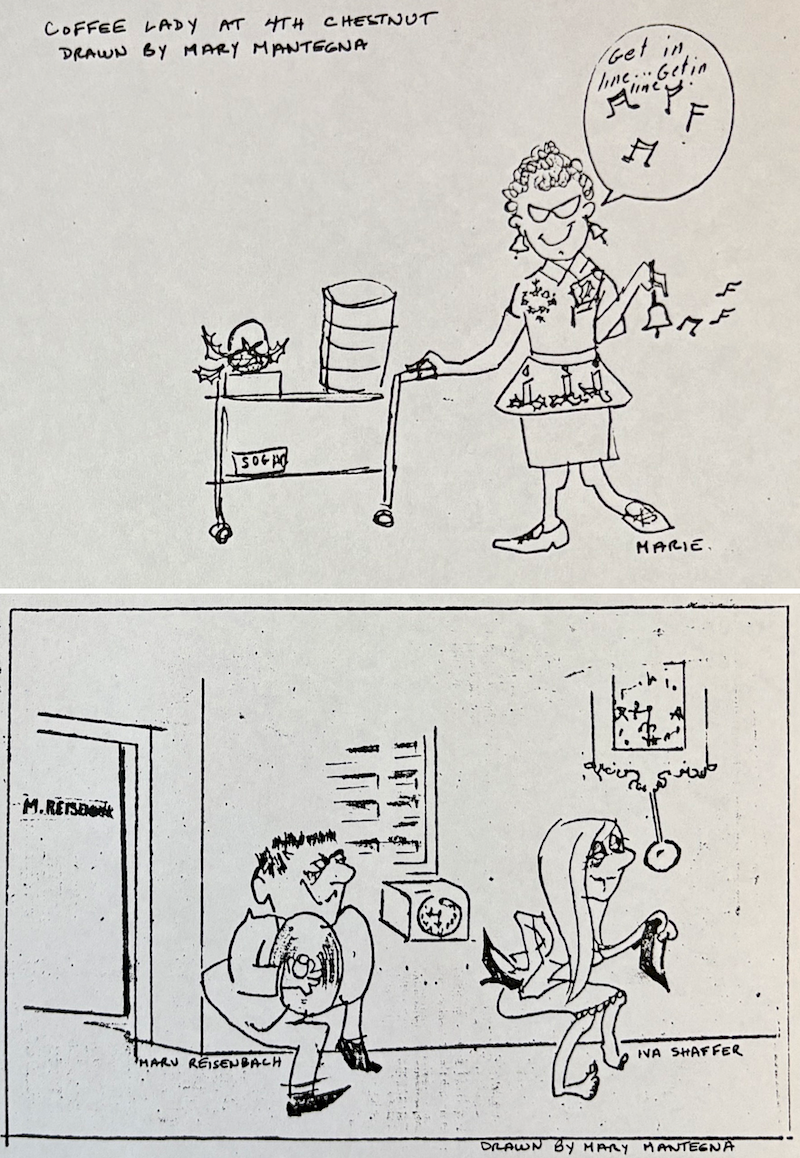 Cartoons depicting life at the ISI drawn by Mary Mantegna.