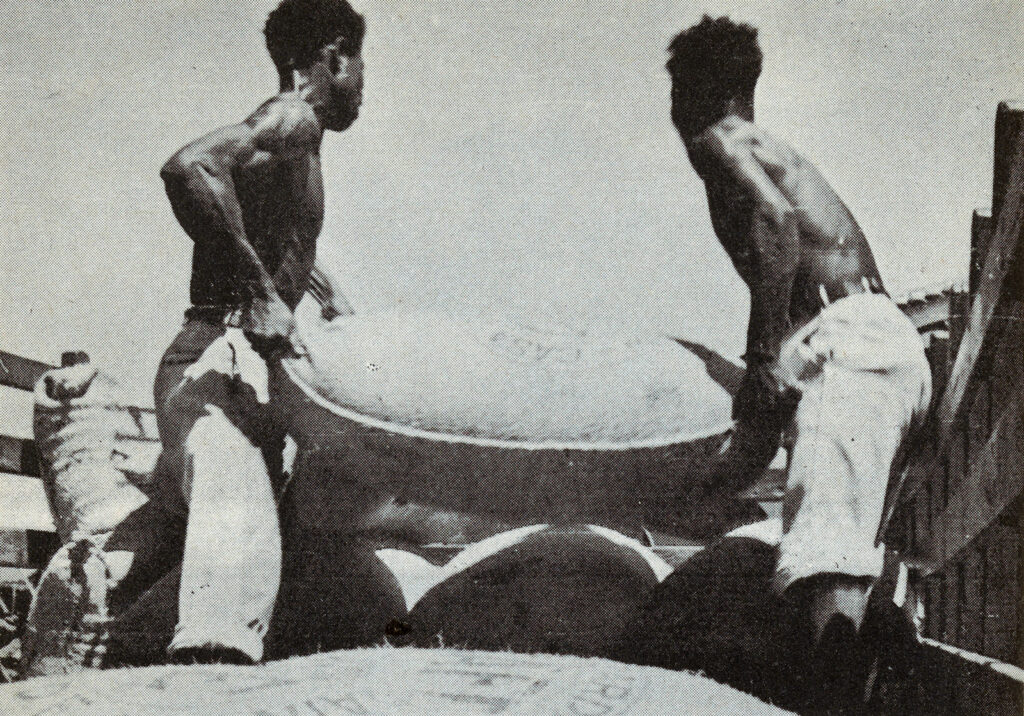 Fotografía en blanco y negro de dos hombres cargando un camión con sacos.