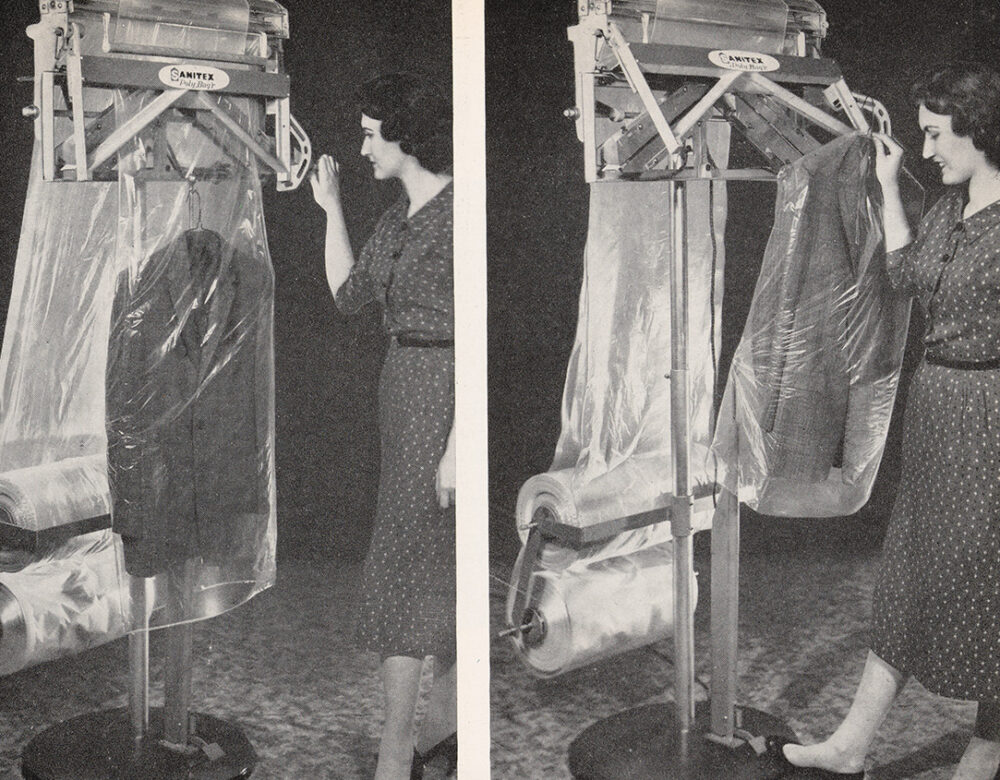 A series of photos showing a worker putting a sport coat in plastic film using a freestanding dispenser