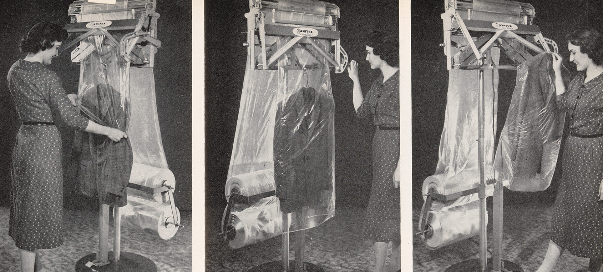 A series of photos showing a worker putting a sport coat in plastic film using a freestanding dispenser