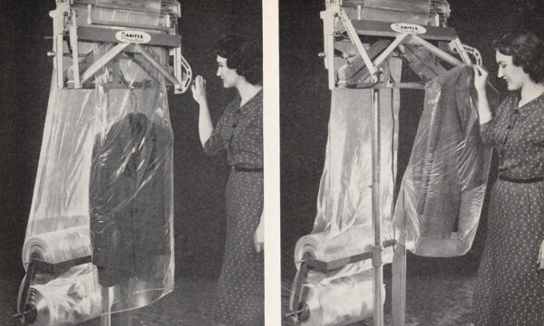 A series of photos showing a worker putting a sport coat in plastic film using a freestanding dispenser