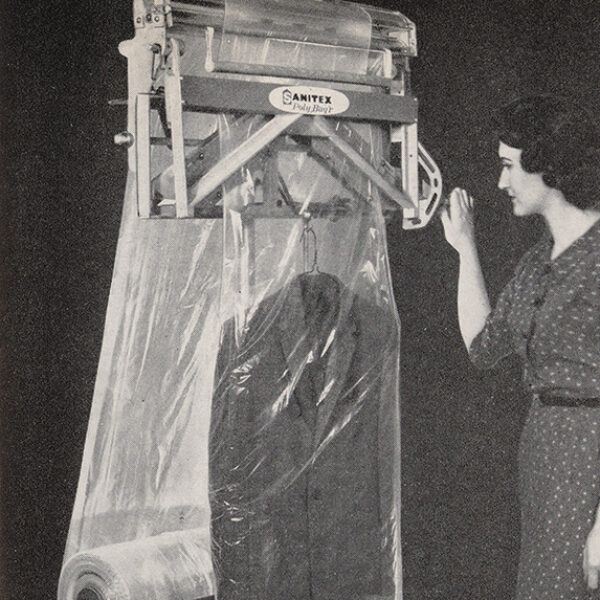 A series of photos showing a worker putting a sport coat in plastic film using a freestanding dispenser