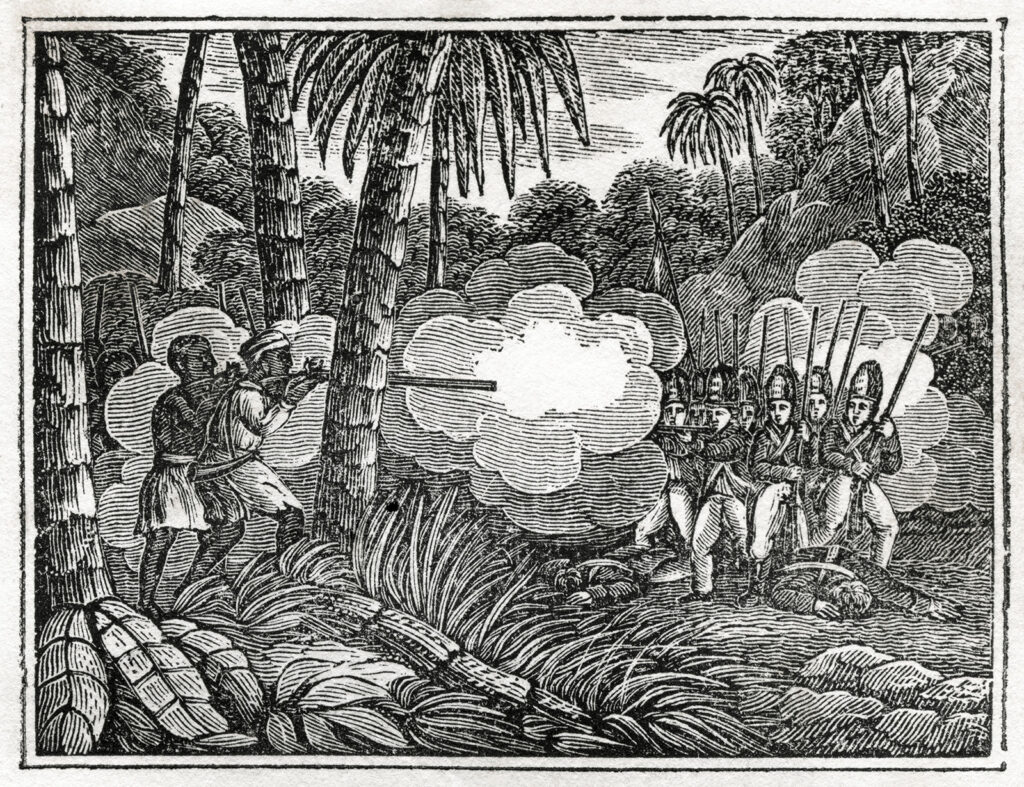 Xilografía de una escena de batalla en un bosque selvático