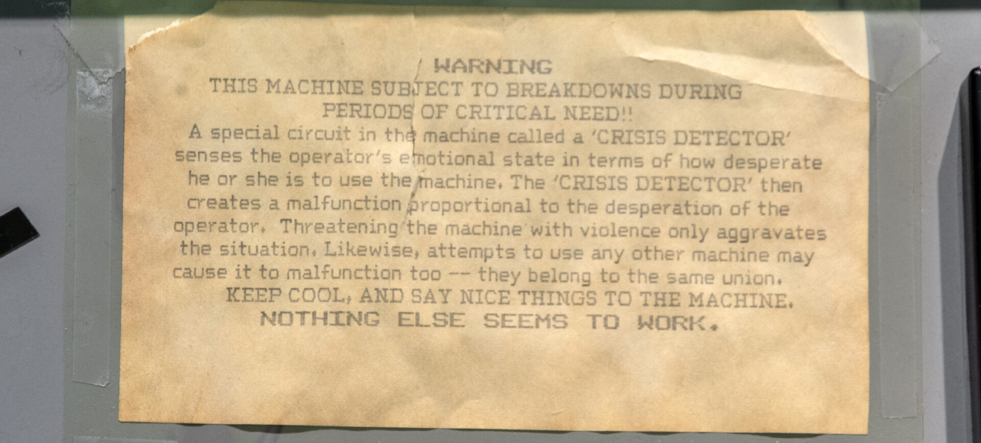 Warning message taped to Varian A-60 Proton NMR Console